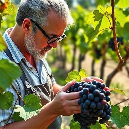 Image d'un vigneron travaillant dans les vignes du Domaine Leflaive. Il examine attentivement les grappes de raisin, soulignant l'attention portée à la qualité.