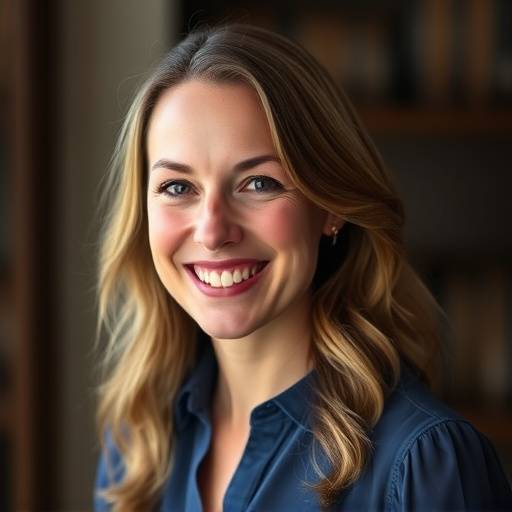 Portrait de Sophie Dubois, fondatrice et directrice de Terroir Élite. Elle sourit chaleureusement, portant un chemisier bleu.