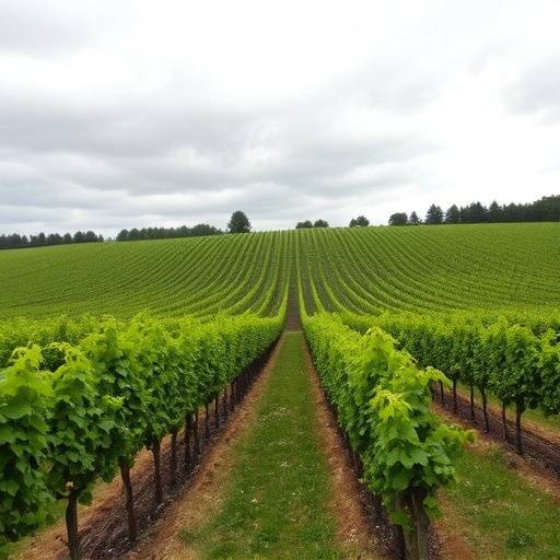Vue des vignes du Domaine Armand Rousseau à Gevrey-Chambertin, avec des rangées de vignes bien entretenues et un ciel nuageux en arrière-plan.