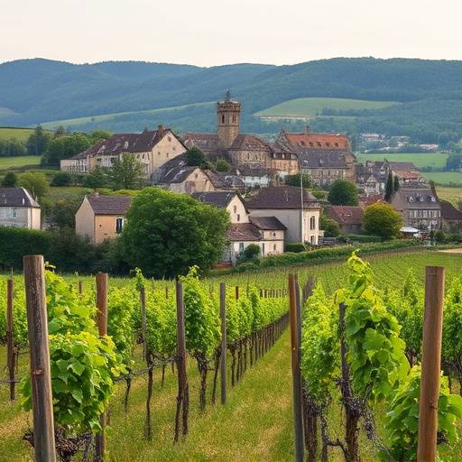 Vue sur le village et les vignobles du Domaine Drouhin-Laroze à Gevrey-Chambertin, avec un charmant village en arrière-plan.